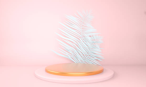 istock Product display podium decorated with leaves on pastel background, 3d illustration 1384639070