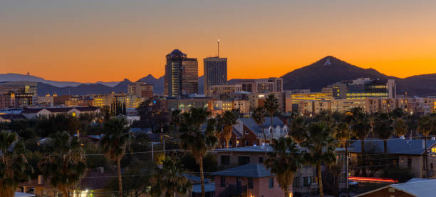 Tucson skyline at sunset with dramatic sky in the background