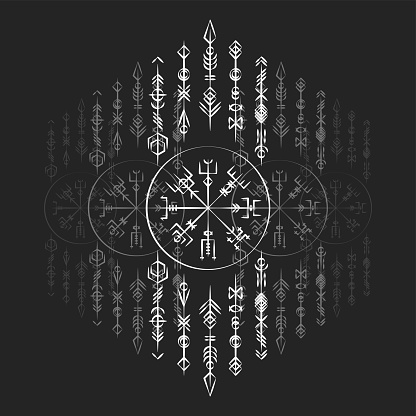 Outline straight and grunge old geometric ancient runic vertical symbols. Background with lines signs amulet