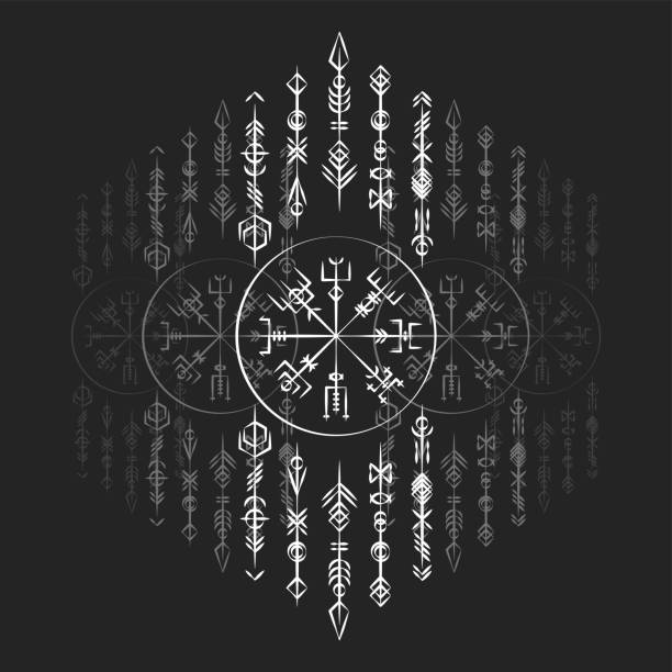 Dark runic symbols dreamer set Outline straight and grunge old geometric ancient runic vertical symbols. Background with lines signs amulet runes stock illustrations