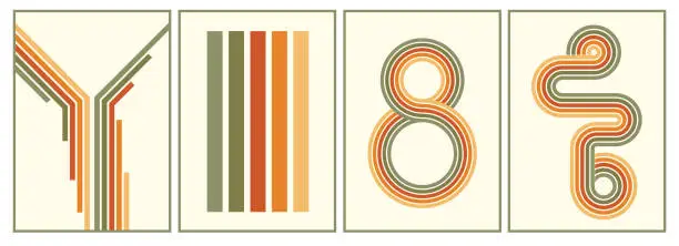 Vector illustration of retro vintage 70s style stripes background poster lines. shapes vector design graphic 1970s retro background. abstract stylish 70s era line frame illustration