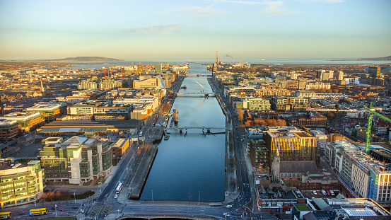 Dublin view from above Liffey River with sea view on the horizon