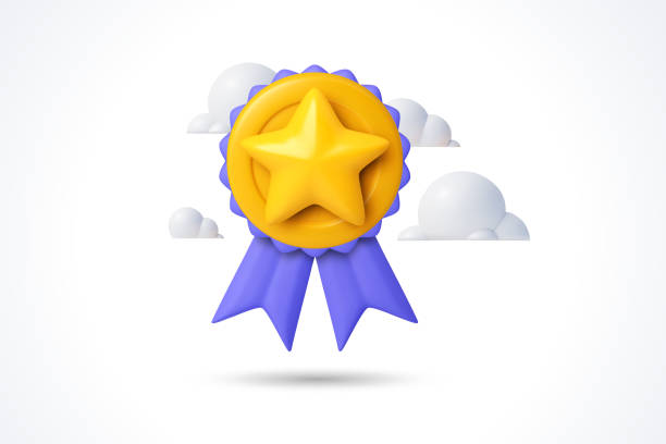 3d-qualitätsgarantie vektormedaille mit stern und band. vektor-illustrationssymbol realistische 3d-grafikmedaille, hohe qualitätsbewertung - stereoskopische photographie stock-grafiken, -clipart, -cartoons und -symbole