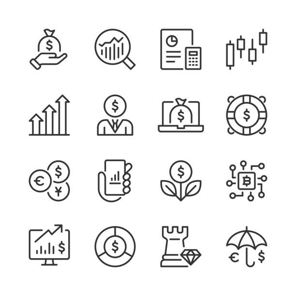 Investment Icons — Monoline Series Vector line icon set appropriate for web and print applications. Designed in 48 x 48 pixel square with 2px editable stroke. Pixel perfect. investment stock illustrations