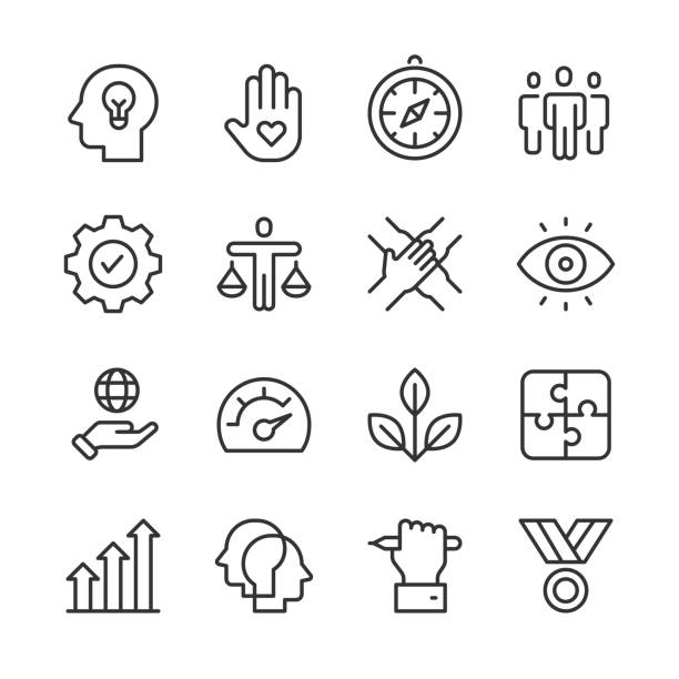 Core Values Icons 2 — Monoline Series Vector line icon set appropriate for web and print applications. Designed in 48 x 48 pixel square with 2px editable stroke. Pixel perfect. personal perspective stock illustrations