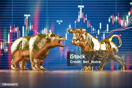istock Golden bull and bear on stock data chart background. Investing, stock exchange financial bearish and mullish market concept. 1384646810