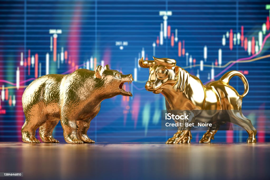 Golden bull and bear on stock data chart background. Investing, stock exchange financial bearish and mullish market concept. Golden bull and bear on stock data chart background. Investing, stock exchange financial bearish and mullish market concept. 3d illustration Stock Market and Exchange Stock Photo