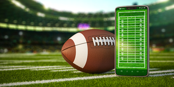 American football app video game on smartphone and betting sport online concept. Mobile phone and american football ball. 3d illustration