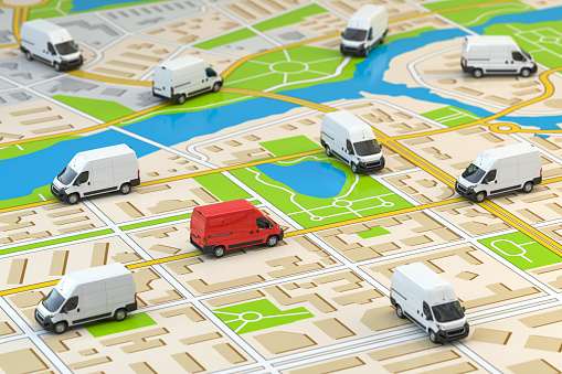 Fast delivery comercial vans on city map. Fleet of delivery service. 3d illustration