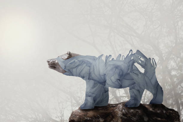 Creative double exposure of bear (toy model) with used  plastic bags,arid landscape.Concept background for environmentalism and plastic awareness. stock photo