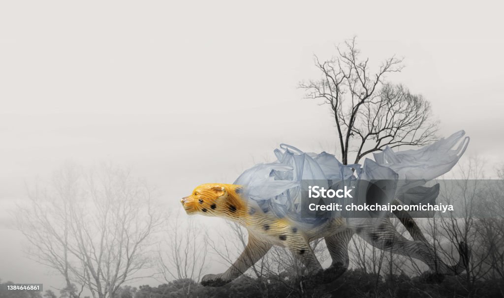 Creative double exposure of bear (toy model) with used  plastic bags,arid landscape. Creative double exposure of bear (toy model) with used  plastic bags,arid landscape.Concept background for environmentalism and plastic awareness. Art Stock Photo