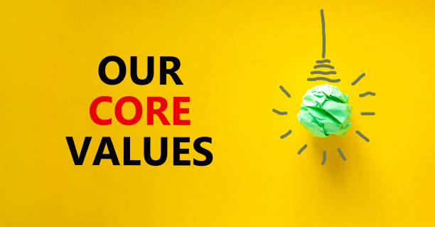istock Our core values symbol. Green shining light bulb icon. Words 'Our core values'. Beautiful yellow background. Light bulb icon. Business and our core values concept. Copy space. 1384648619