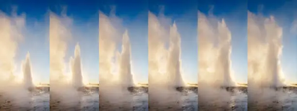 Photo of Great view of Strokkur geyser. Location place Geyser Park, Hvita river, Haukadalur valley area, Iceland. Europe.