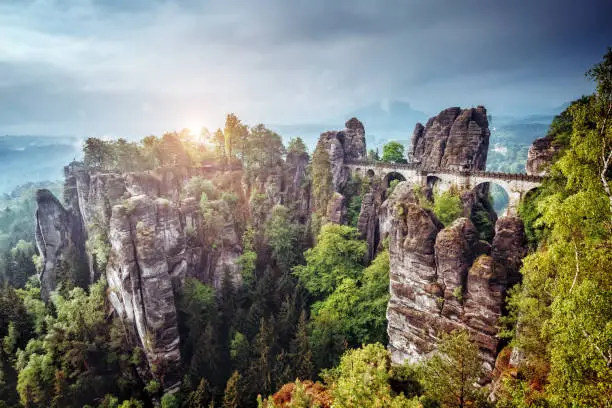 View of the Elbe Sandstone Mountains. Location place Saxony Switzerland national park, East Germany, Europe. Popular tourist attraction. Dramatic and picturesque scene. Artistic picture. Beauty world.