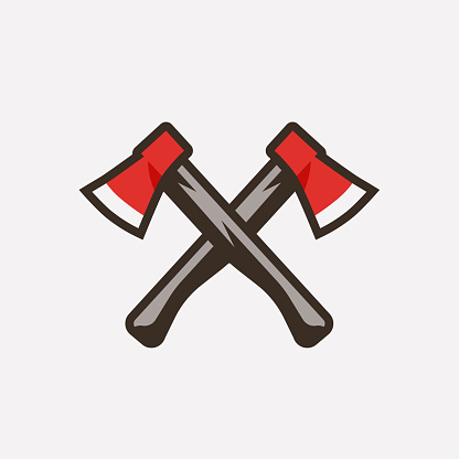 Axes with red head vector illustration. Cartoon hatchet design for emblem, print, label, badge and sticker.