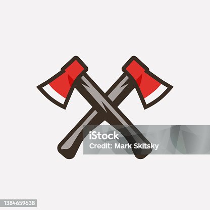 istock Axes with red head vector illustration. Cartoon hatchet design for emblem, print, label, badge and sticker. 1384659638