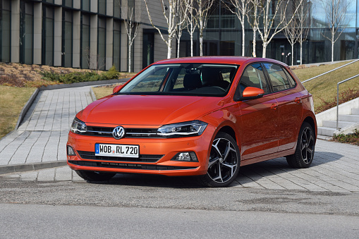 Berlin, Germany - 2nd April, 2018: Volkswagen Polo parked on a street. This model is one of the most popular city cars in Europe.
