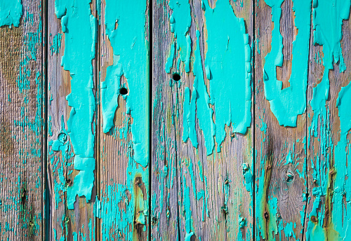 Green paint peels off wooden shutters on a closed up Cape Cod cottage.