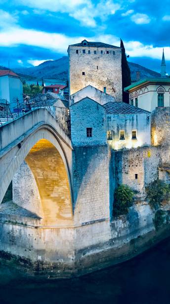 istock Beautiful Mostar Bridge in blue tone, Bosnia 1384663952
