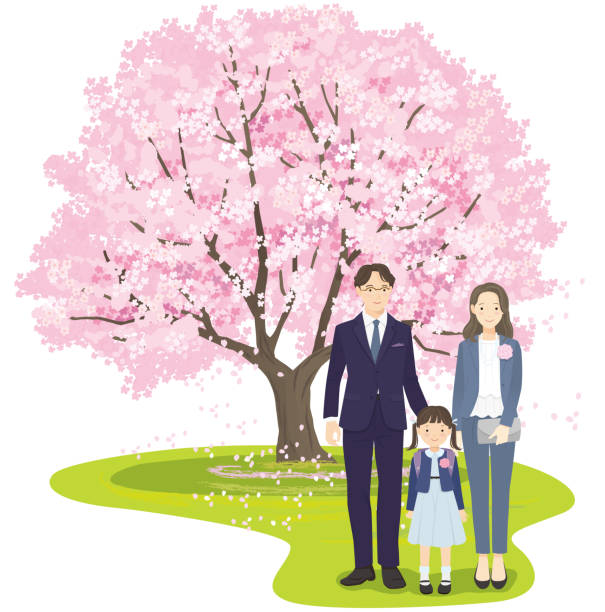 First grade girl and parents standing side by side in front of a cherry tree First grade girl and parents standing side by side in front of a cherry tree caricature portrait board stock illustrations