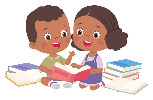 African Smiling boy and girl reading books. Cartoon illustration for banner, poster.