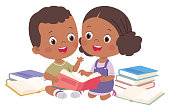 istock African Smiling boy and girl reading books. Cartoon illustration for banner, poster. 1384669755