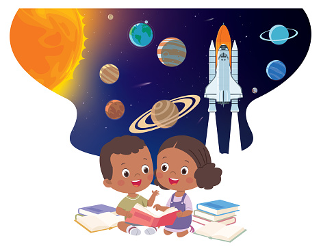 Vector African Two children love reading and sit together as a reading group. Space horizontal background with rocket, planets and copy space for your text in cartoon style. Concept banner with the solar system for your design.