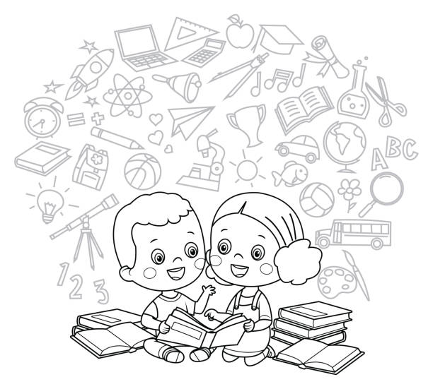 Black And White, Cute boy and girl reading books. Vector Black And White, Cute boy and girl reading books. how to draw school bus cartoon stock illustrations