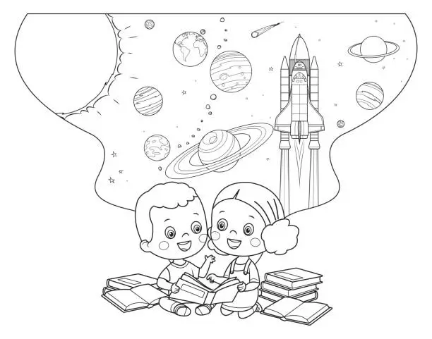 Vector illustration of Black And White, Smiling boy and girl reading books. Space horizontal background with rocket, planets and copy space for your text in cartoon style. Concept banner with the solar system for your design.