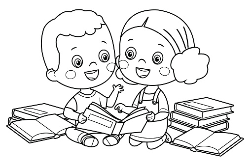 Black And White, Smiling boy and girl reading books