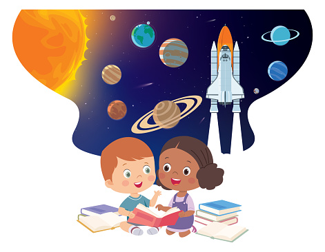 Vector Smiling multiracial boy and girl reading books.  Cartoon illustration for banner, poster. Space horizontal background with rocket, planets and copy space for your text in cartoon style. Concept banner with the solar system for your design.