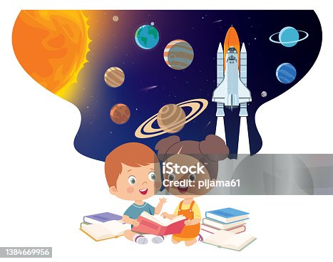 istock Two children love reading and sit together as a reading group. Space horizontal background with rocket, planets and copy space for your text in cartoon style. Concept banner with the solar system for your design. 1384669956