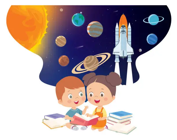 Vector illustration of Two children love reading and sit together as a reading group. Space horizontal background with rocket, planets and copy space for your text in cartoon style. Concept banner with the solar system for your design.