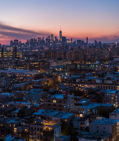 Aerial remote view on Downtown Manhattan over the residential district of Bushwick, Brooklyn, New York, USA.
