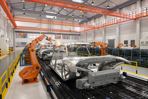 istock Automation robot assembly line in car factory 1384672888