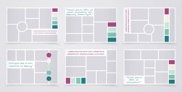 Moodboard. Photo collage template. Pictures grids. Vector illustration. Moodboard template. Collage grid. Mood board layout. Photomontage picture. Set album backgrounds. Mosaic frame with colour palette. Horizontal mockup. Modern photography banner. Vector illustration backgrounds pink scrapbook abstract stock illustrations