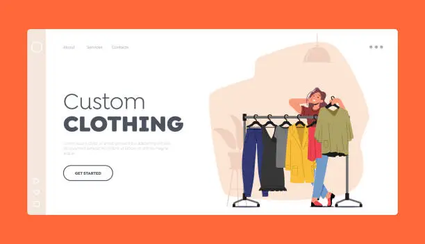 Vector illustration of Custom Clothes Landing Page Template. Dressmaker Female Character Perform Apparel Collection. Happy Woman in Atelier