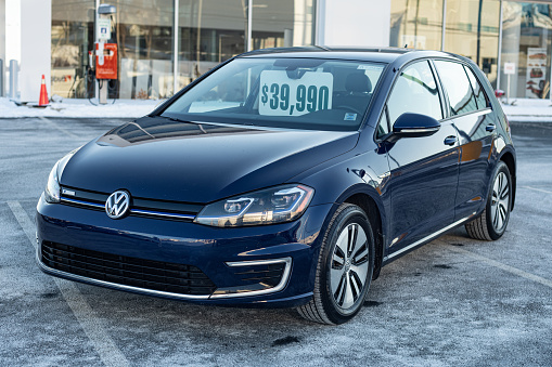 March 5, 2022 - Halifax, Canada - A 2020 Volkswagen E-Golf. A 100kW front wheel drive electric motor provides a range of 231km/144miles. The E-Golf has been discontinued to make way for the new ID3.