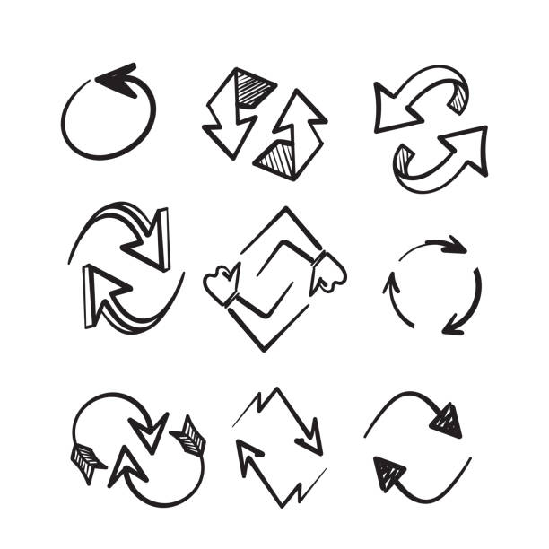 ilustrações, clipart, desenhos animados e ícones de doodle desenhado à mão dois símbolo de ícone de giro de seta para reciclar, atualizar ou reiniciar ilustração - exchanging circle communication arrow sign