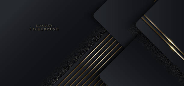 istock 3D modern luxury template design black geometric and golden glitter stripes line light sparking on black background 1384698805