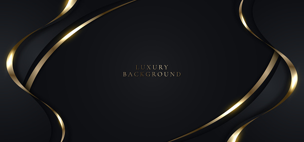 Elegant 3D abstract background black curved shape with shiny golden ribbon line lighting sparking. Luxury style. Vector illustration