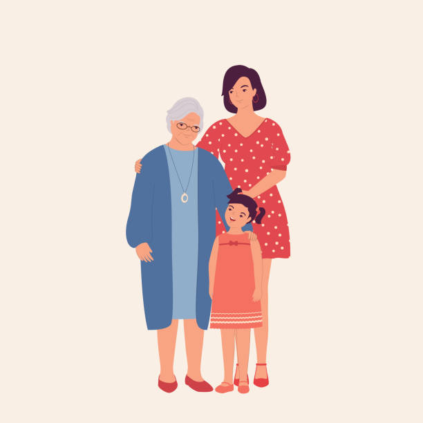 Three Generations Of Women. Multi-Generation Family. Portrait Of Three Generations Of Women Smiling And Standing Together. Full Length, Isolated On Solid Color Background. Vector, Illustration, Flat Design, Character. daughter stock illustrations