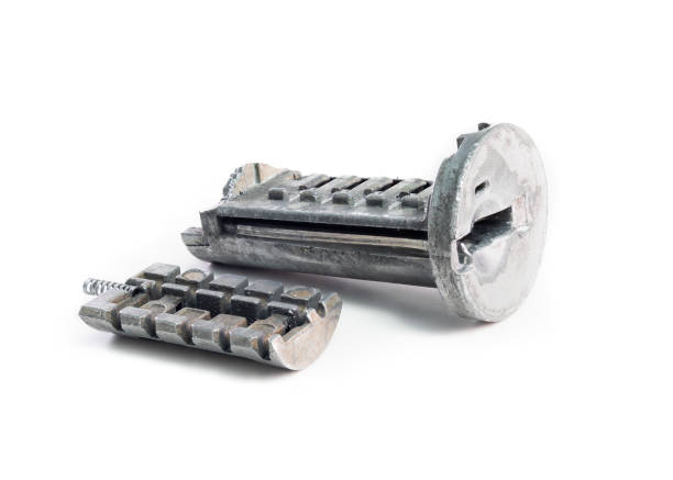 istock Broken cylinder of single door look with deadbolt, perspective view. 1384699715
