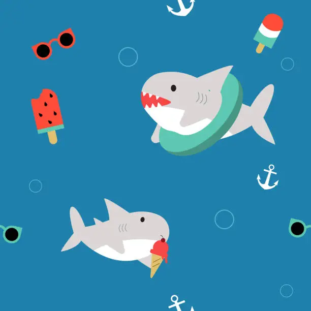 Vector illustration of cute shark in summer theme seamless pattern for print or fabric