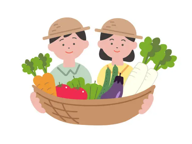Vector illustration of Illustration of a boy and a girl holding a basket of vegetables