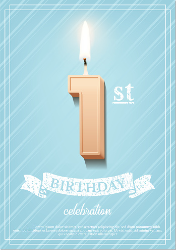 1st year, first anniversary event celebration, birthday greeting card for baby vector illustration. 3d 1 number candle with flame for cake or cupcake, lettering on grunge ribbon and blue background