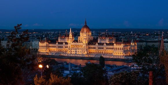 The Parliament building at night in Budapest, Hungary during spring