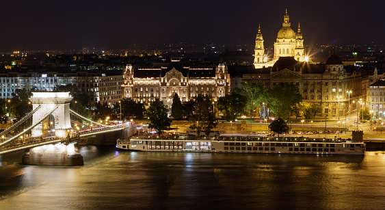 Budapest, Hungary night-time skyline with St Stephen Basilica during spring
