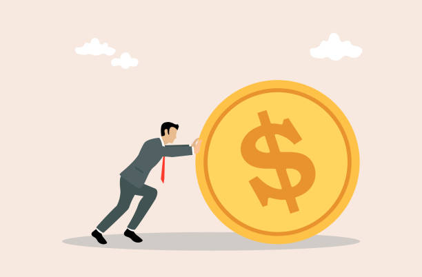 istock Businessman pushing a coin, business concept, vector illustration 1384740848