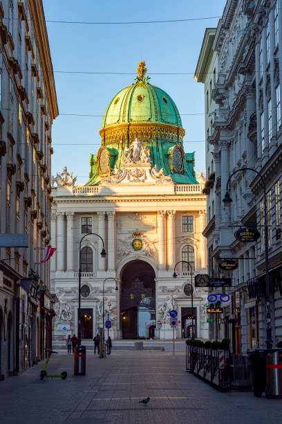 торговая улица кольмаркт с дворцом хофбург на заднем плане, вена, австрия - михайловская площадь стоковые фото и изображения